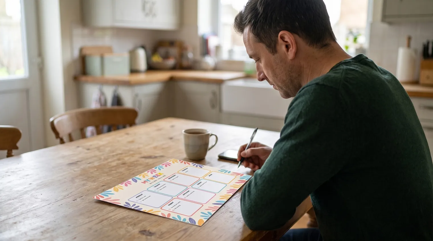 Man in a dark green sweater writing on a printed colourful weekly planner page at a kitchen table, with a mug of tea and a phone lying next to it