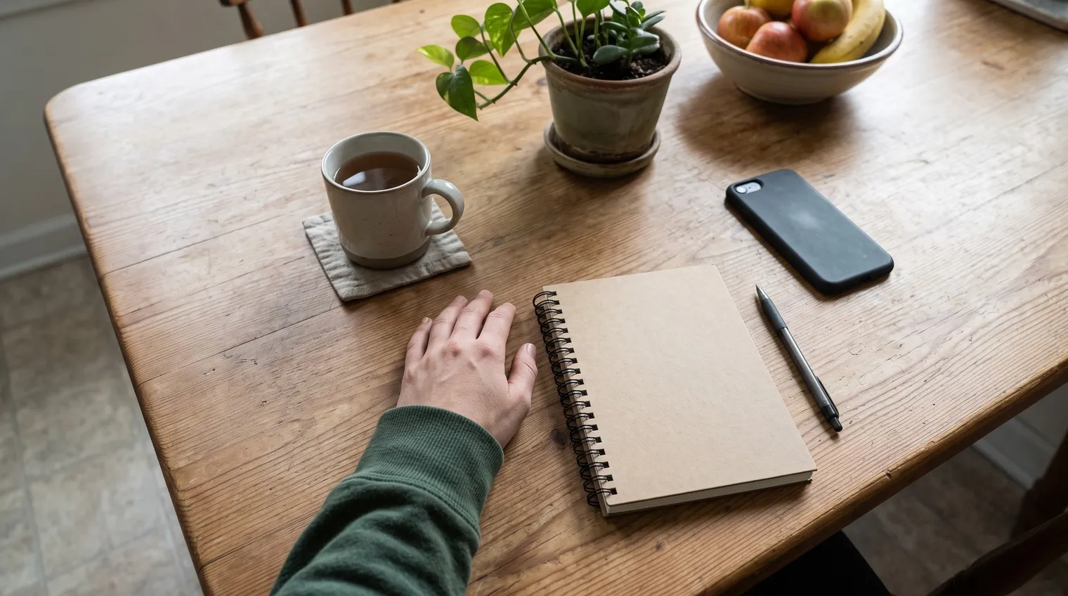 Wooden kitchen table seen from above with a closed spiral notebook and pen, a mug of tea, a phone lying face down and a bowl of fruit