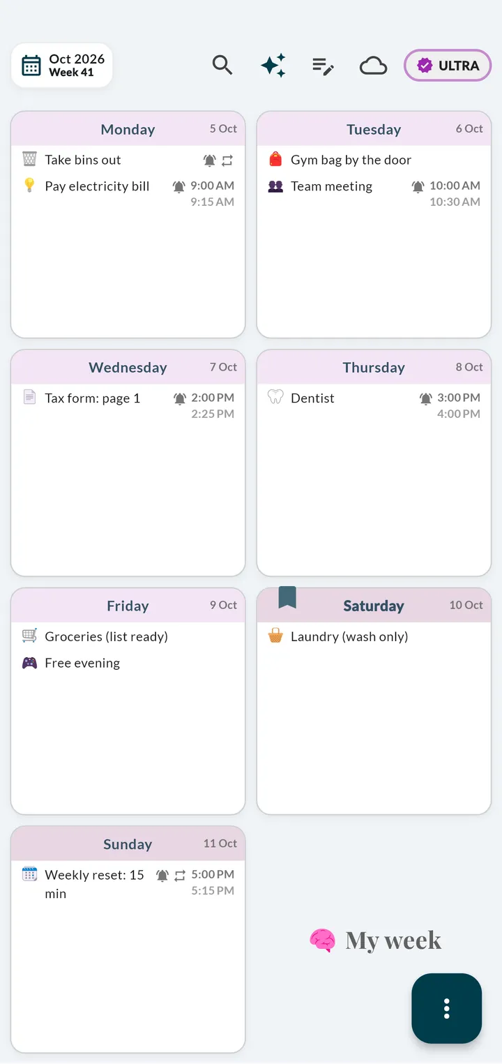 Weeklo week view named My week with one or two short tasks per day, with times and bell icons on tasks such as pay electricity bill, dentist and weekly reset