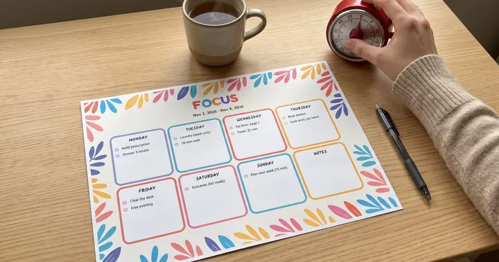Hand turning a red kitchen timer next to a printed colourful weekly plan and a mug of tea on a wooden desk