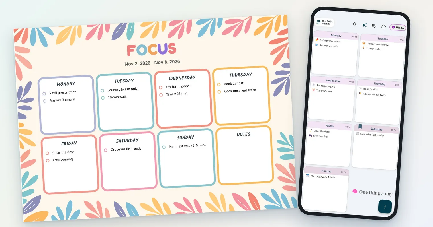Colourful printed weekly plan with one or two small tasks per day next to a phone showing the same short week in a planner app