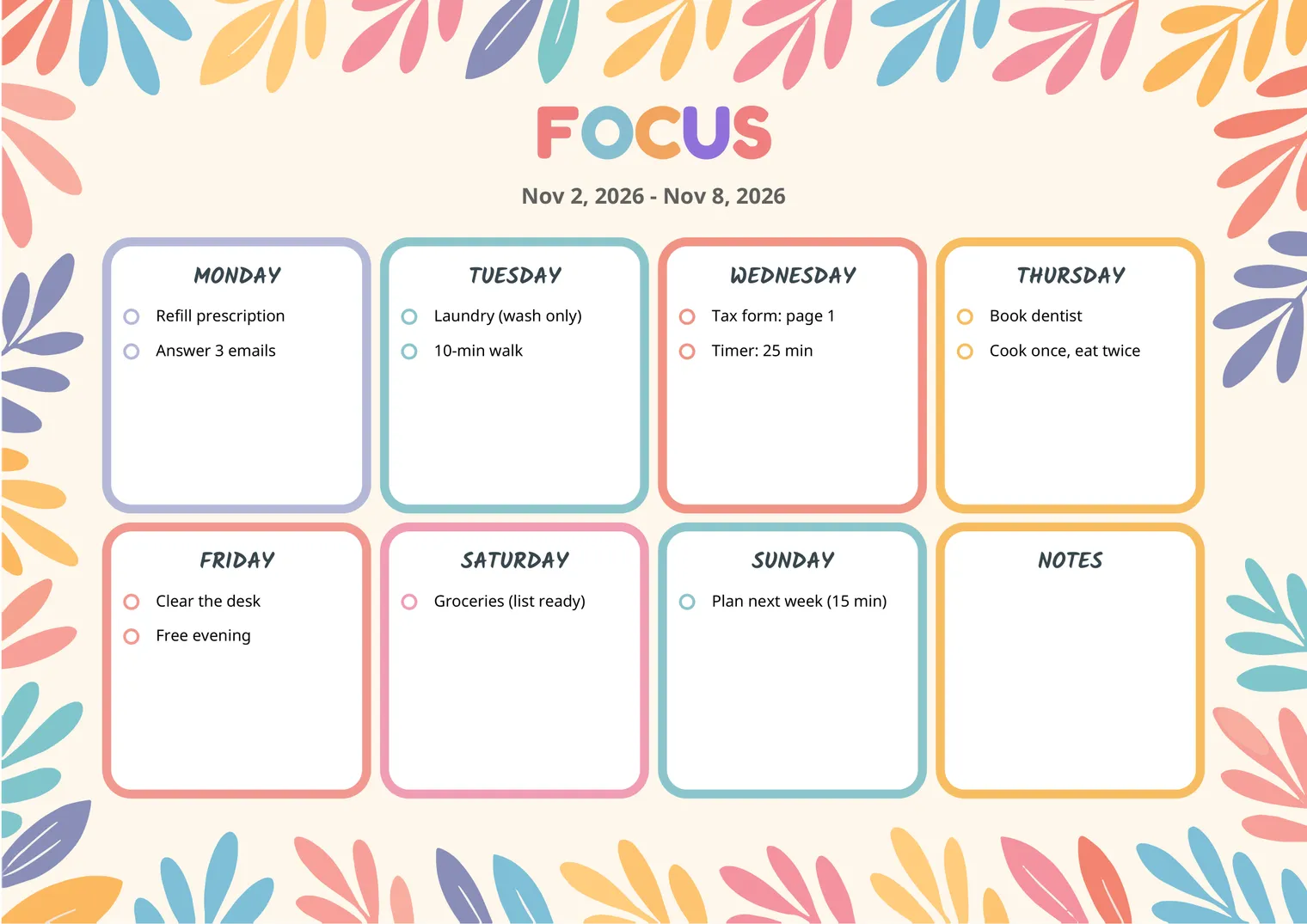 Colourful Bloom printable weekly planner with one or two short tasks in each day box, such as refill prescription, 10-minute walk and book dentist