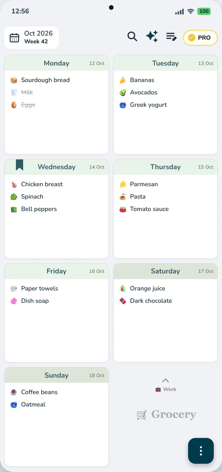 Weekly grocery planner in Weeklo with automatically added emojis for bread, bananas, avocados, chicken, pasta and more