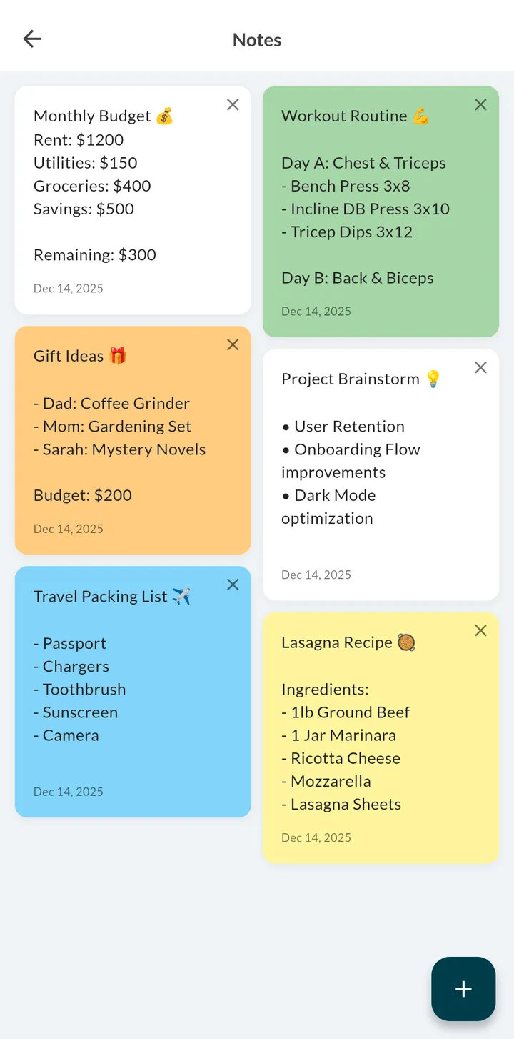 Notes screen in the Weeklo planner app with colorful cards for a monthly budget, workout routine, gift ideas, project brainstorm, packing list and recipe
