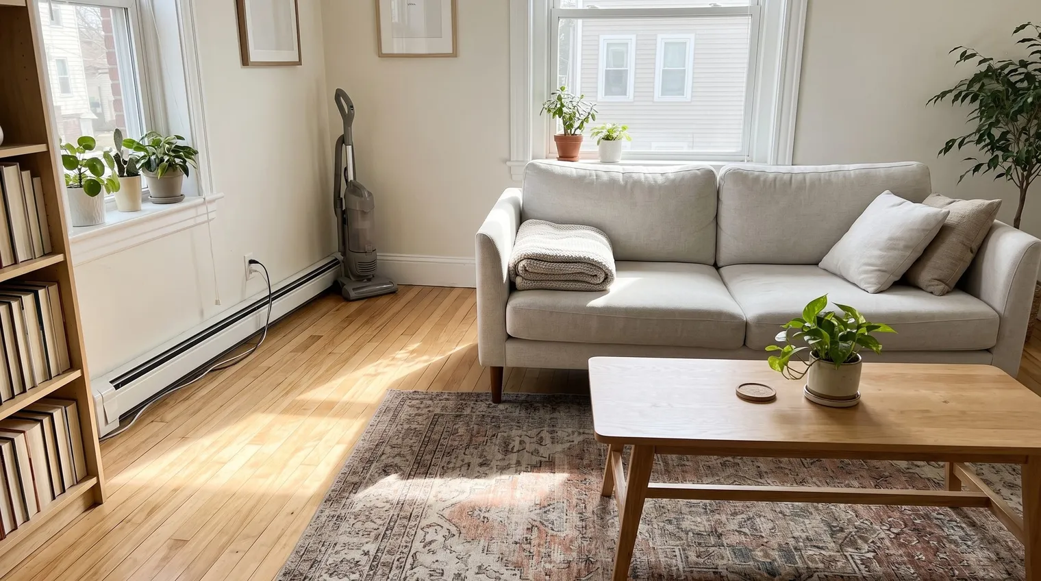 Bright tidy living room with a light sofa, a folded throw, a clear wooden coffee table with a plant and sunlight on a swept wooden floor