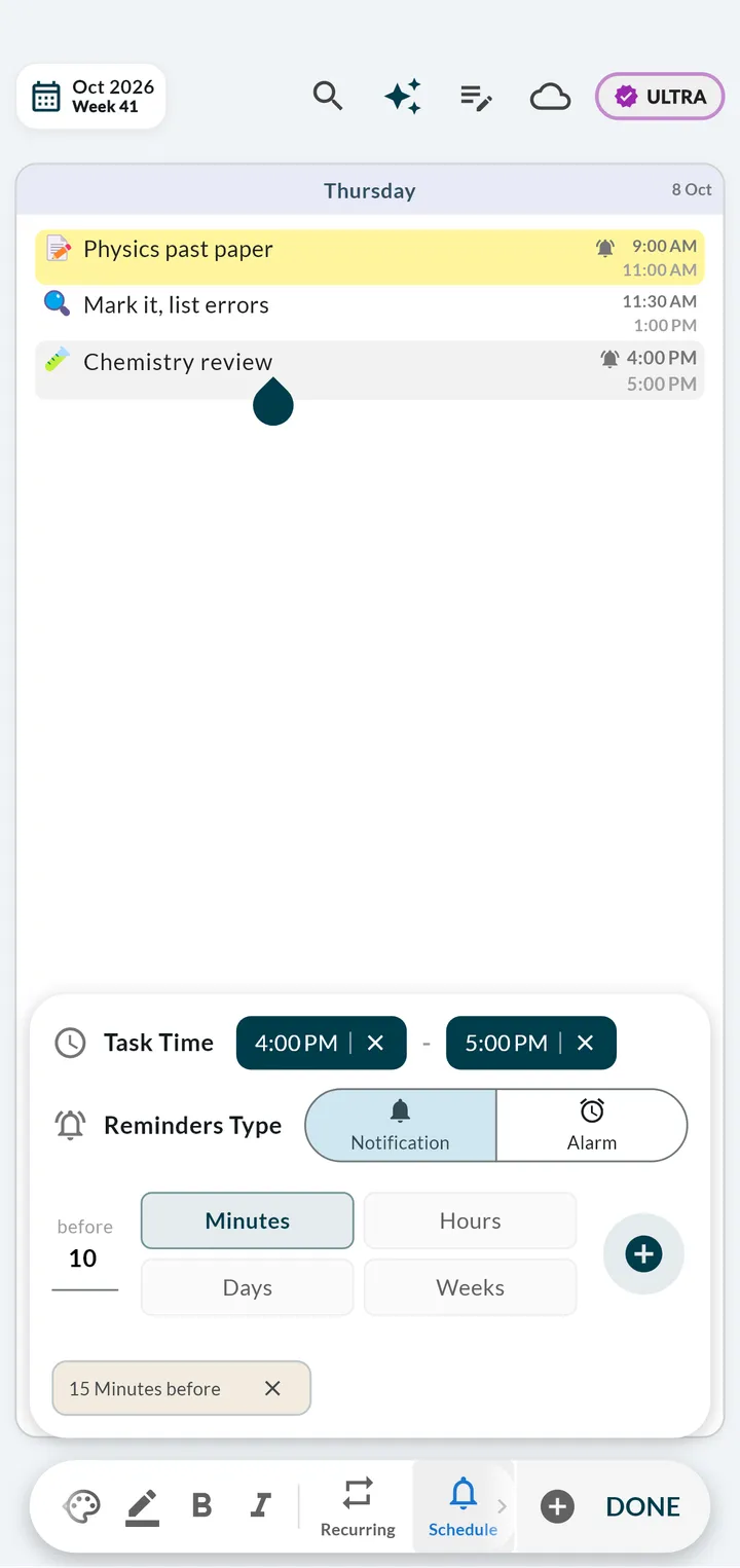 Weeklo task editor for a Chemistry review block with the Schedule panel open, showing the task start and end time of 4:00 to 5:00 PM and a 15 minute reminder