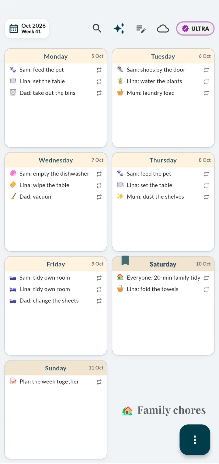 Weeklo week view of a Family chores planner with chores for Sam, Lina and a parent on weekdays, a 20-minute family tidy on Saturday and a Sunday planning task, with a repeat symbol on every task
