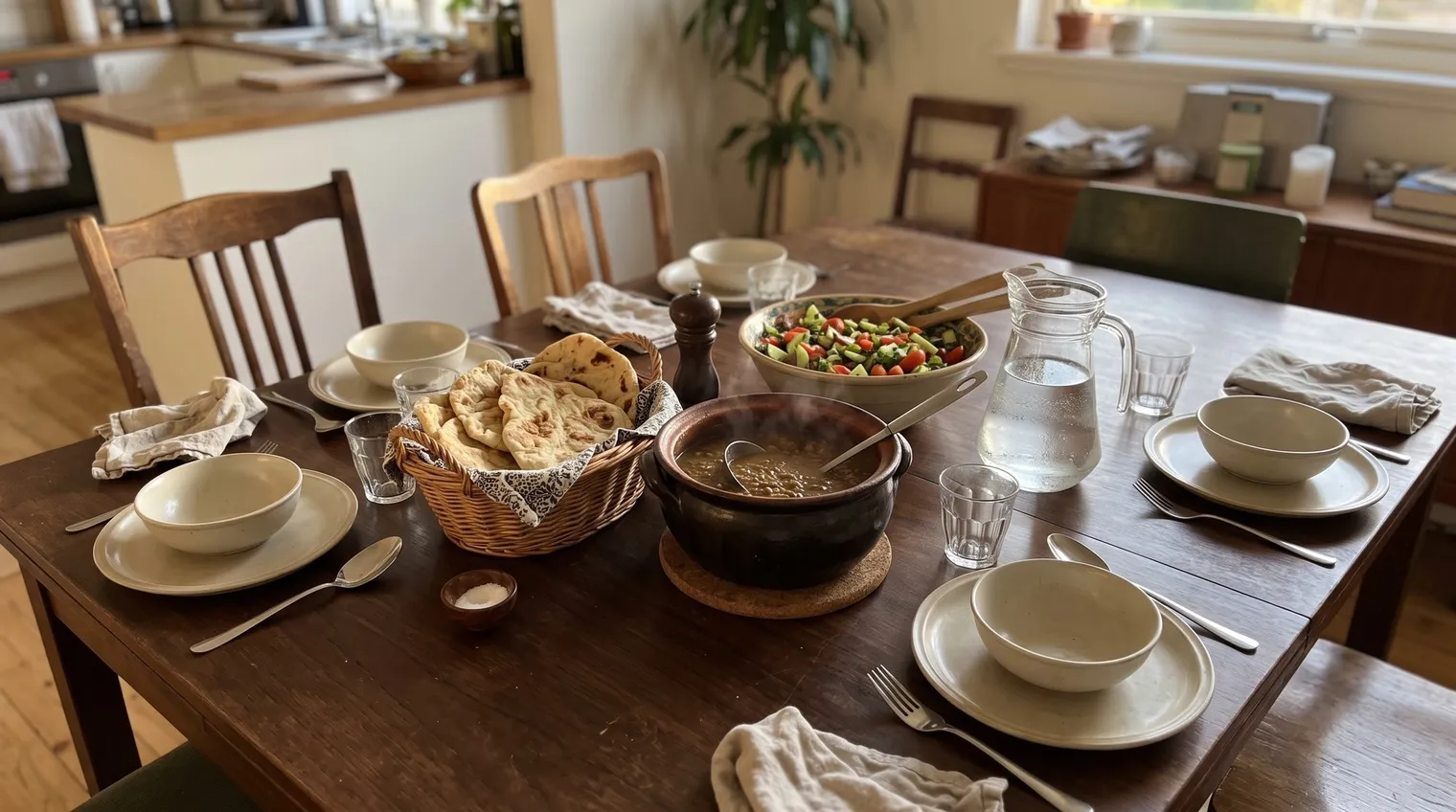 Wooden dinner table set with a pot of lentil soup, flatbread, a mixed salad, a jug of water and plain plates and bowls