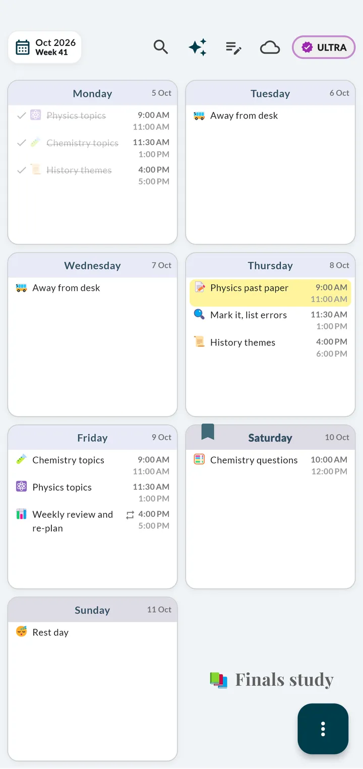 Weeklo planner app showing a study week after a re-plan: Monday blocks completed and struck through, Tuesday and Wednesday marked away from desk, and the missed blocks moved to Thursday, Friday and Saturday