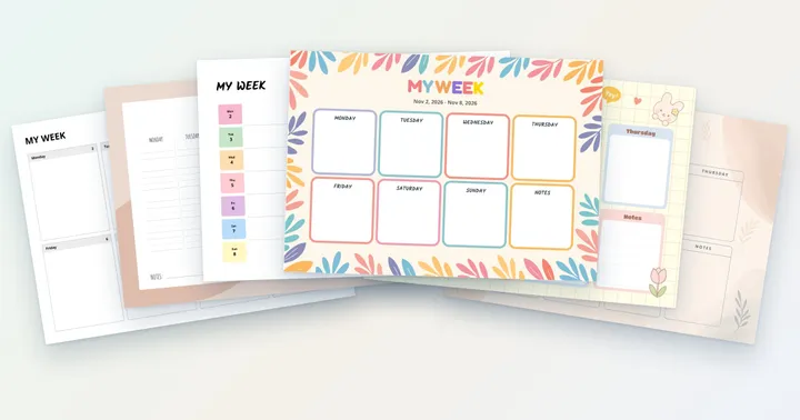Six free printable weekly planner designs fanned out: minimalist, vertical, week at a glance, bloom, pastel and elegant
