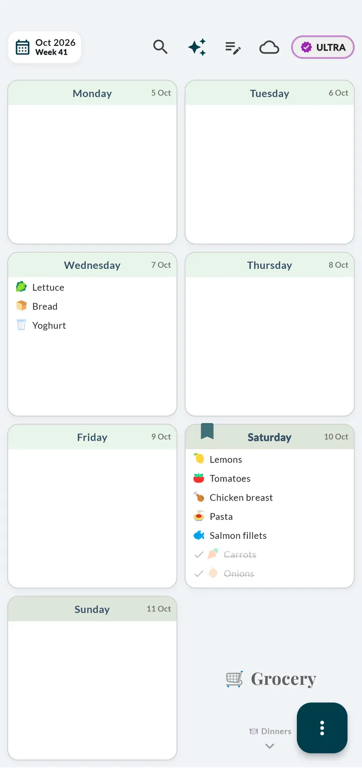 Weeklo grocery planner with shopping items on Saturday, two of them ticked off and greyed out at the bottom, and a mid-week top-up on Wednesday