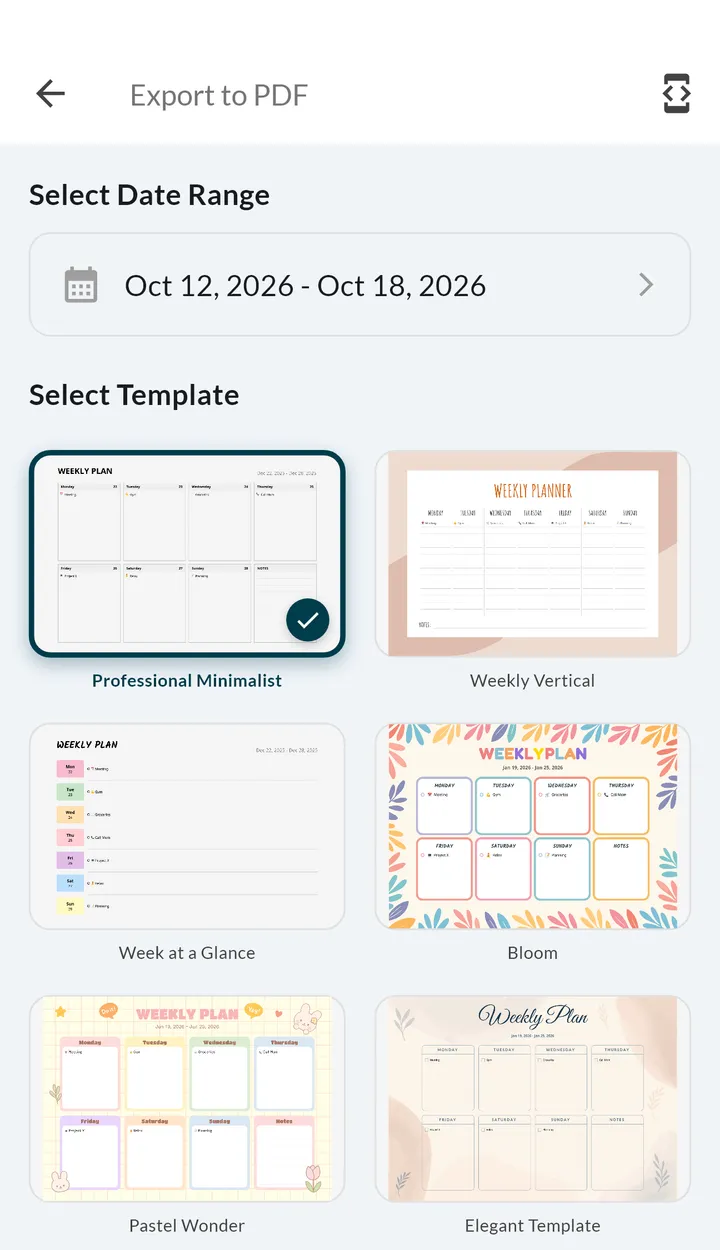 Weeklo Export to PDF screen with a date range and a grid of template previews: Professional Minimalist, Weekly Vertical, Week at a Glance, Bloom, Pastel Wonder and Elegant
