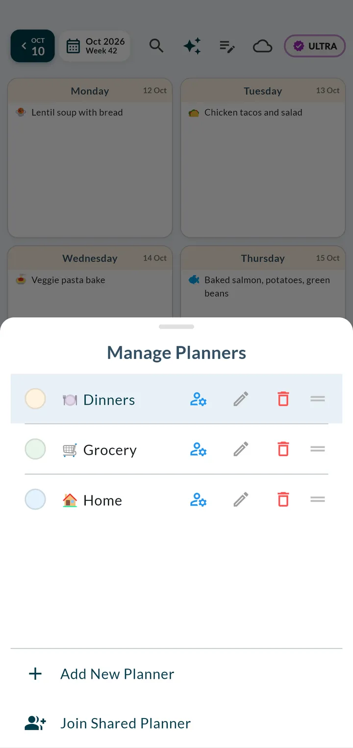 Weeklo Manage Planners sheet listing three planners named Dinners, Grocery and Home, each with its own colour and emoji