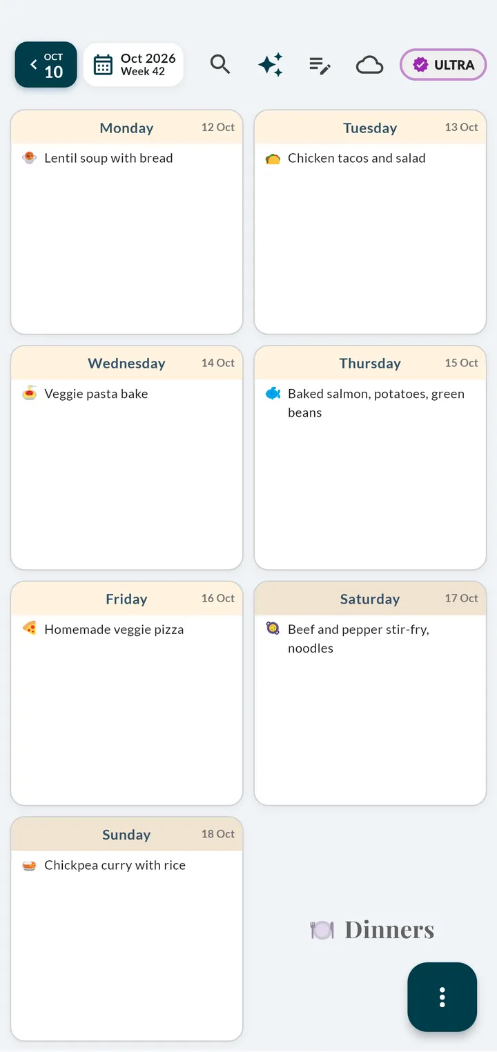 Weeklo planner app showing next week's dinners in a week grid, from lentil soup on Monday to chickpea curry on Sunday, each with an emoji
