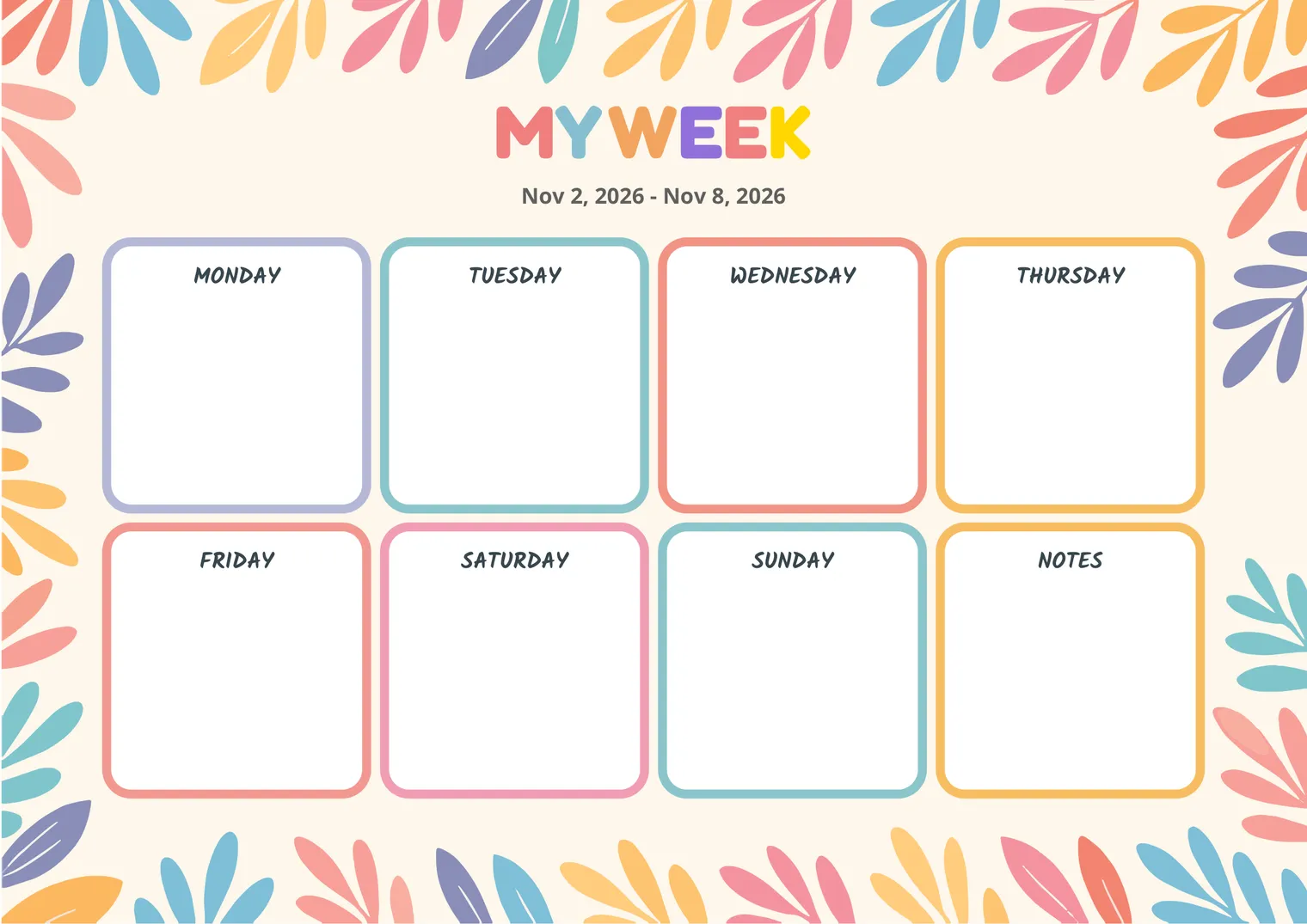 Colourful Bloom printable weekly planner with leaf illustrations around rounded day boxes in purple, teal, coral and yellow