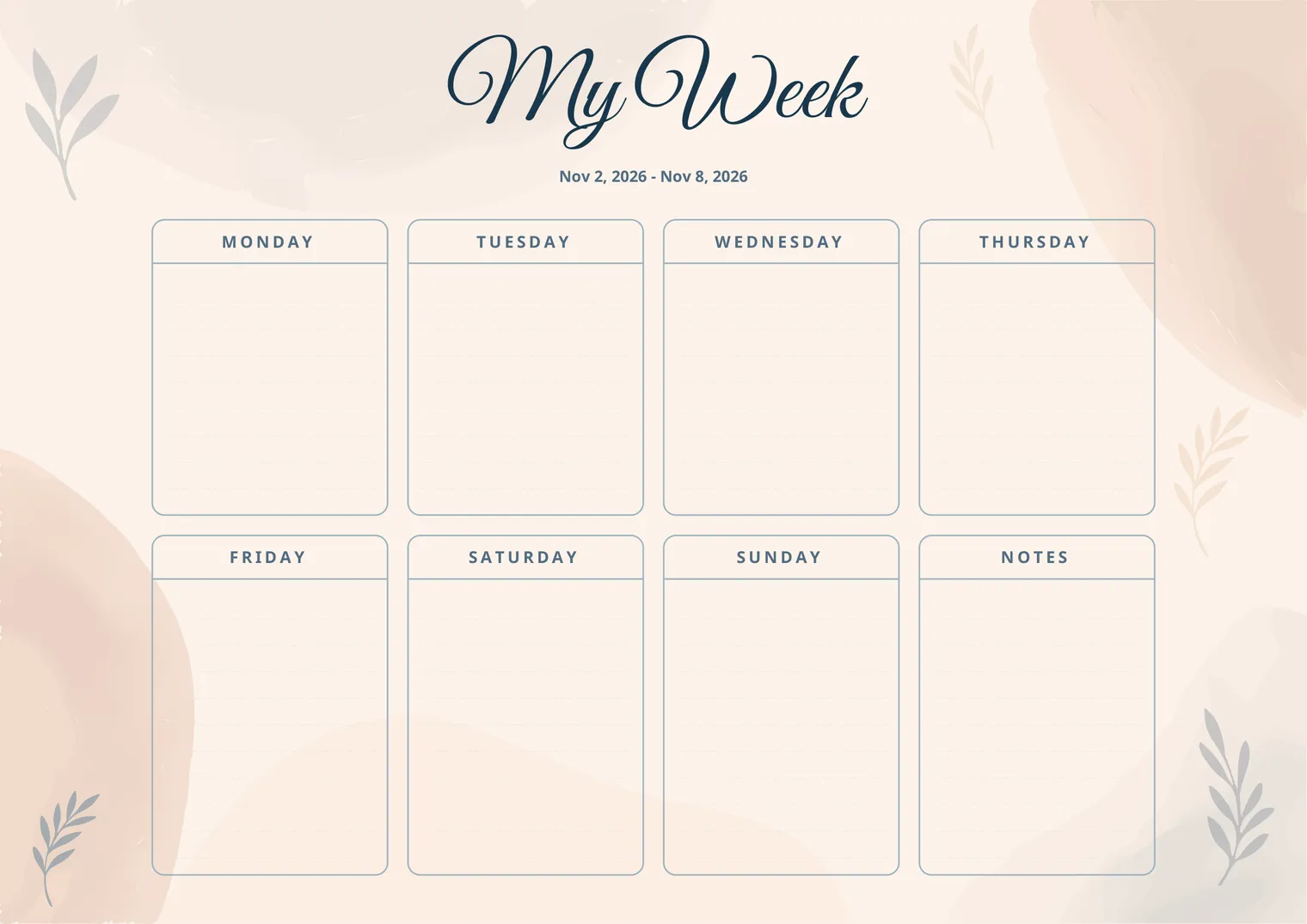 Elegant printable weekly planner with a script title, beige watercolour background, leaf sketches and lined day boxes