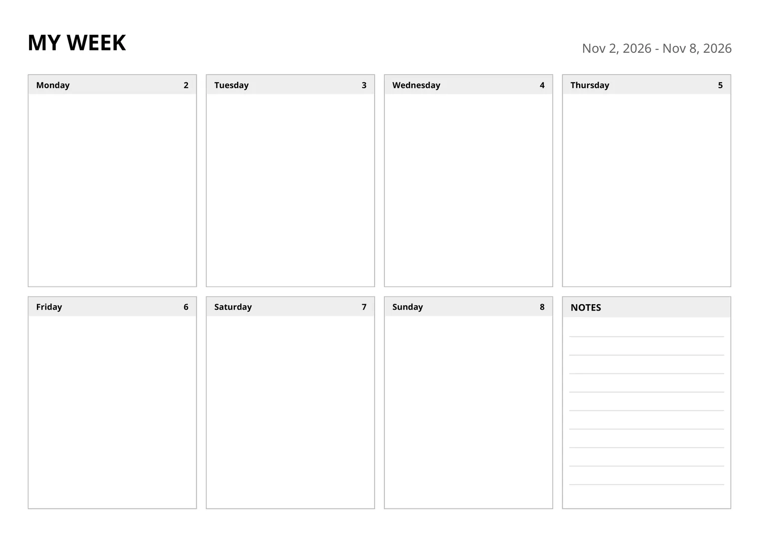 Minimalist printable weekly planner with a box for each day, dates in the header and a lined notes box