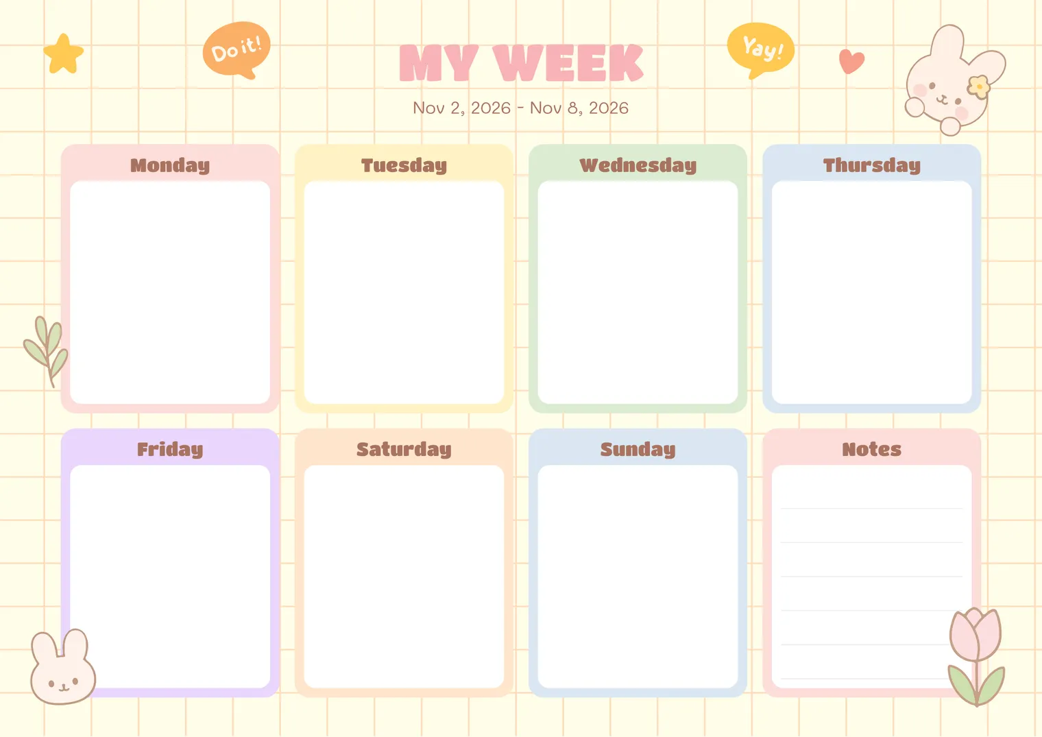 Cute pastel printable weekly planner with a bunny, tulip and speech bubbles around pastel day boxes on a grid background
