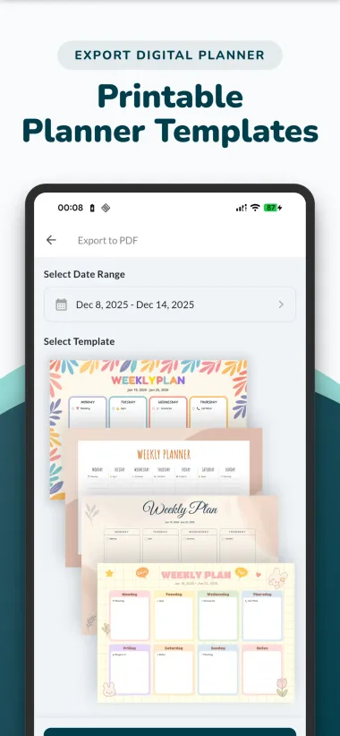 Export Weeklo to a printable weekly planner PDF template