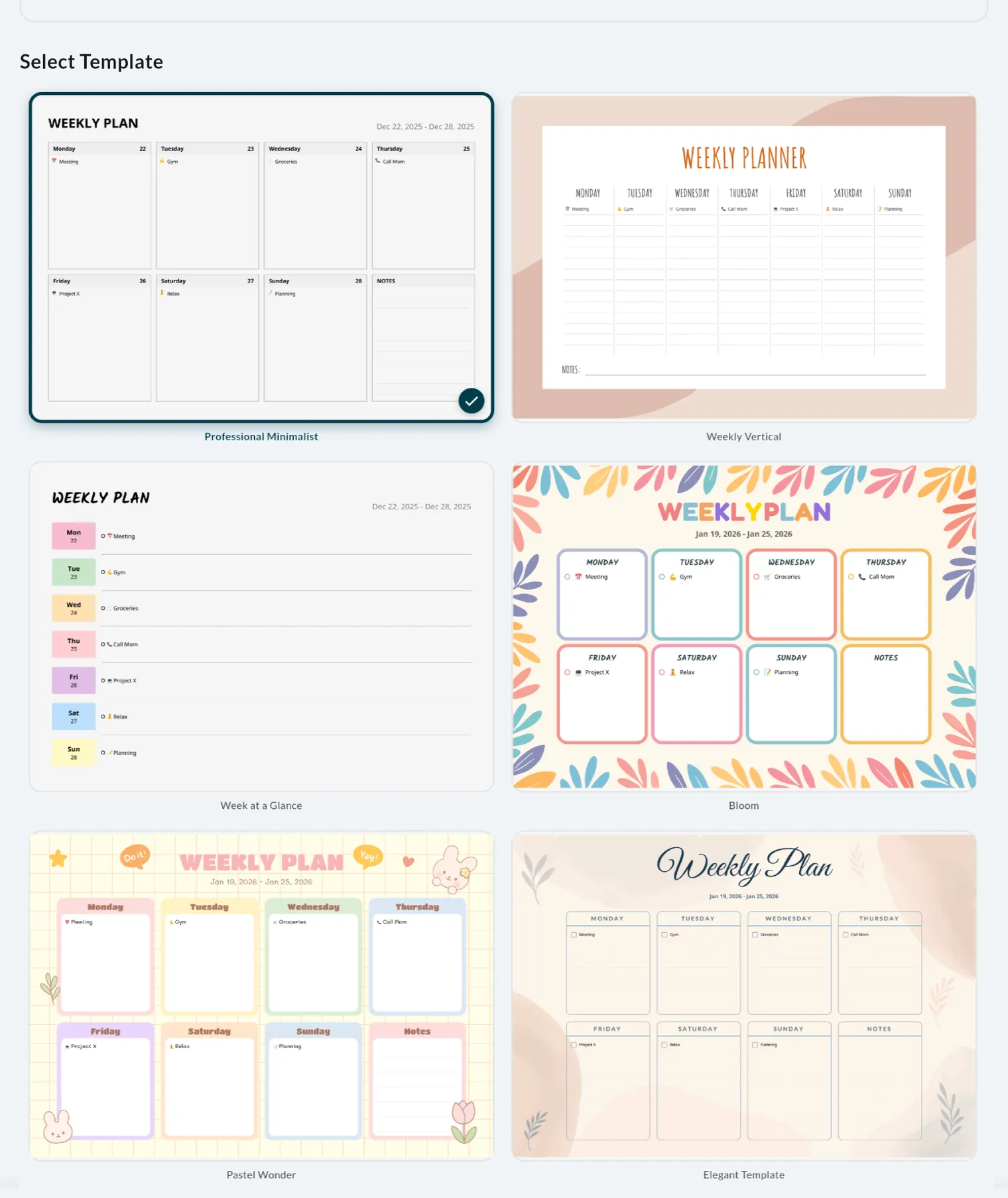 Weeklo Export to PDF screen showing weekly planner templates: Professional Minimalist, Weekly Vertical, Week at a Glance, Bloom, Pastel Wonder and Elegant