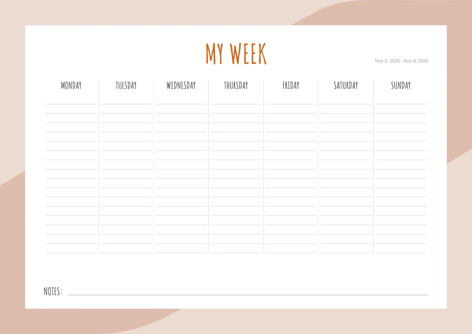 Vertical printable weekly planner with a lined column for each day of the week and a notes line at the bottom