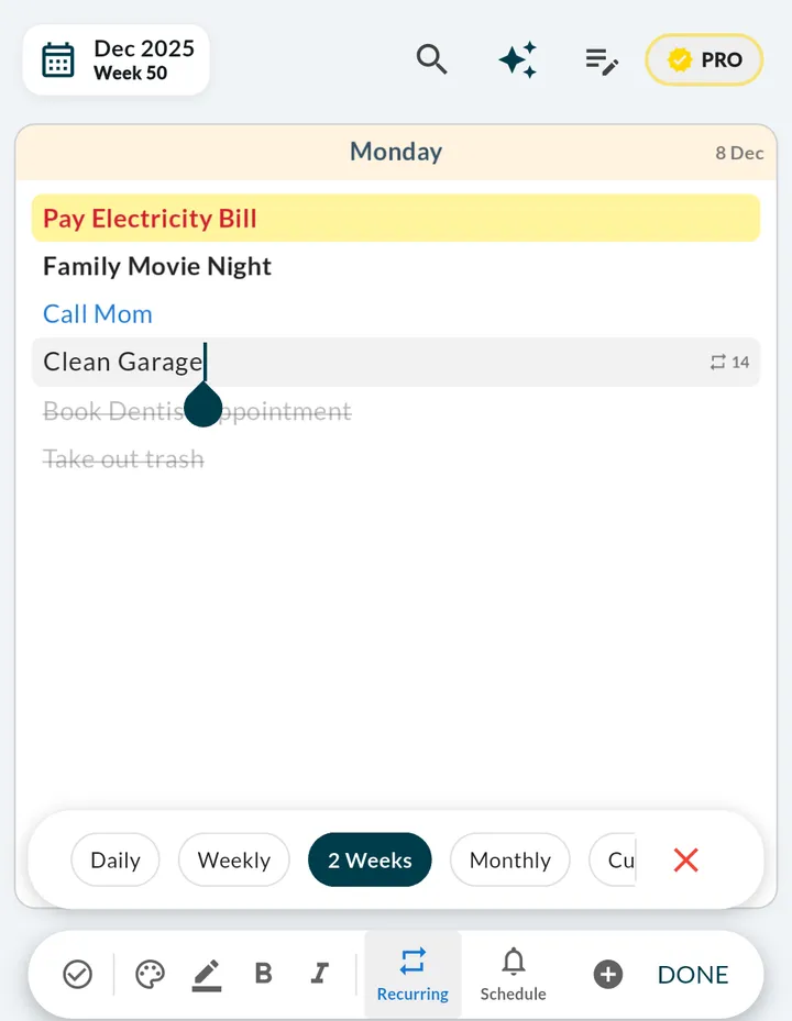Weeklo recurring task options — Daily, Weekly, 2 Weeks, Monthly and Custom — applied to a Clean Garage task