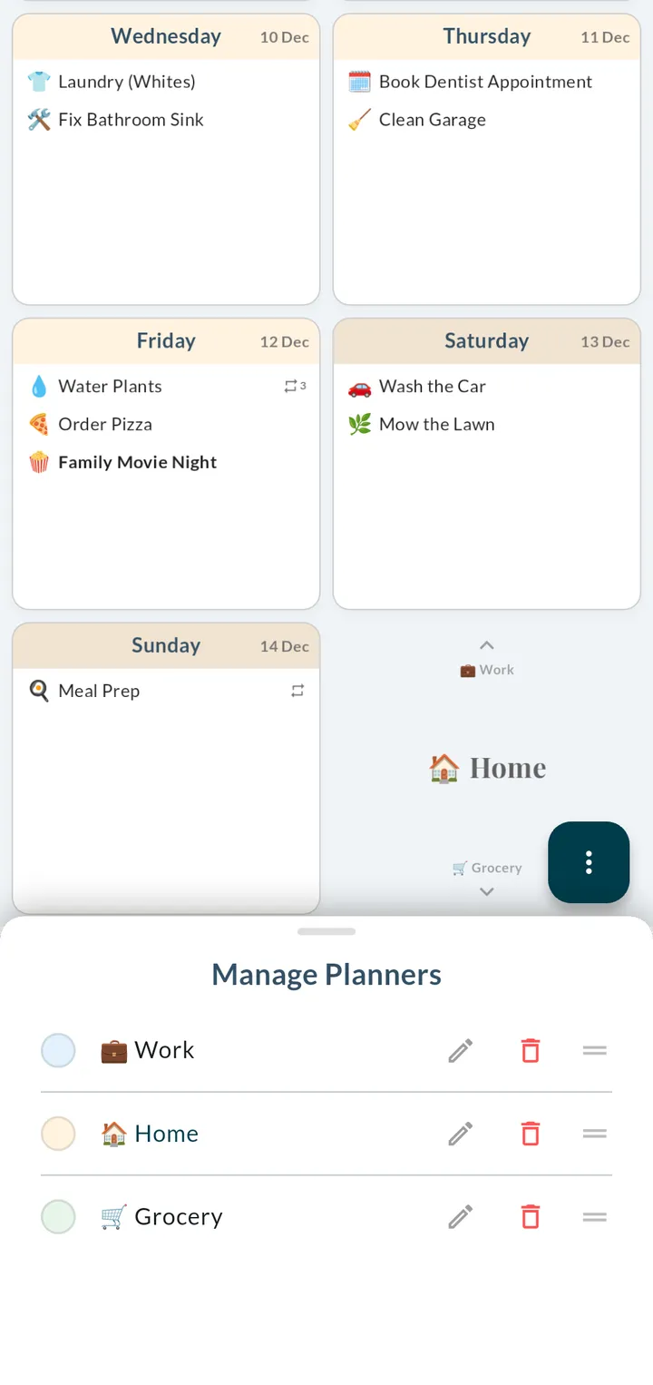 Weeklo Manage Planners screen listing Work, Home and Grocery planners with their own colors and emojis