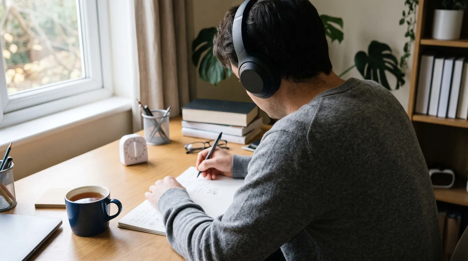 Student in a grey sweater and headphones writing in a notebook at a tidy desk with a white kitchen timer, a stack of books and a mug of tea
