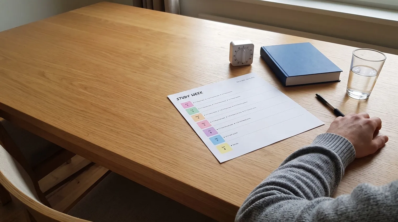Printed weekly study planner on a light-wood desk beside a white kitchen timer, a closed textbook, a pen and a glass of water, with a hand in a grey sleeve resting on the desk