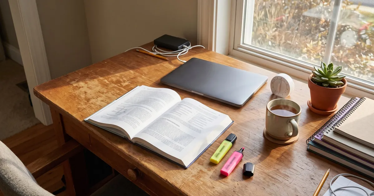 Student desk by a window with an open textbook, two highlighters, a closed laptop, a white kitchen timer and a mug of tea