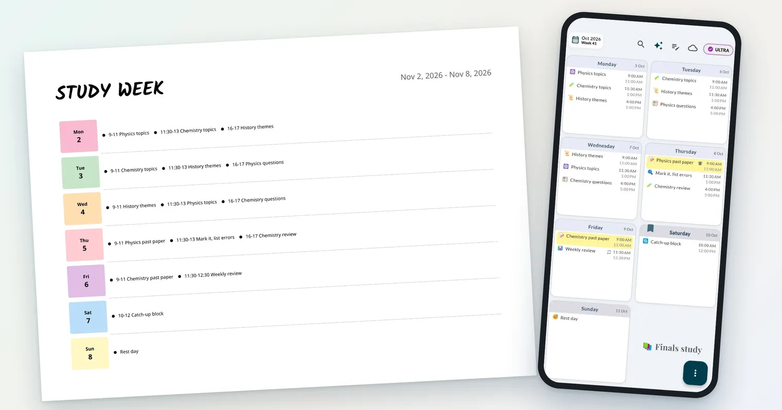Printed weekly study schedule with Physics, Chemistry and History blocks next to a phone showing a time-blocked study plan in a planner app
