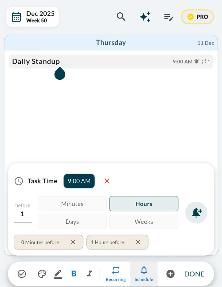 Weeklo task editor setting a 9:00 AM time for a daily standup with two reminders, 10 minutes before and 1 hour before