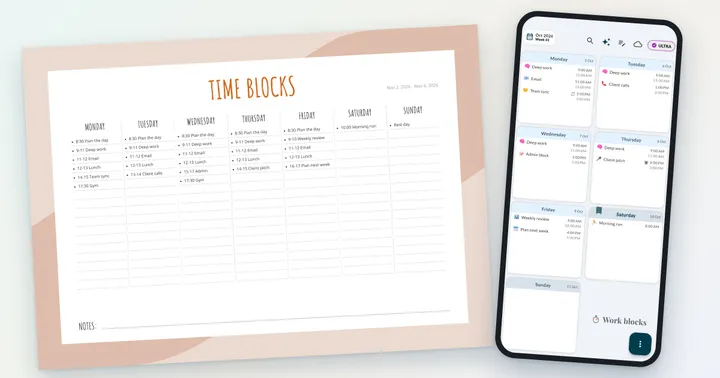 Printed weekly time blocking template filled with work blocks next to a phone showing the same time-blocked week in a planner app