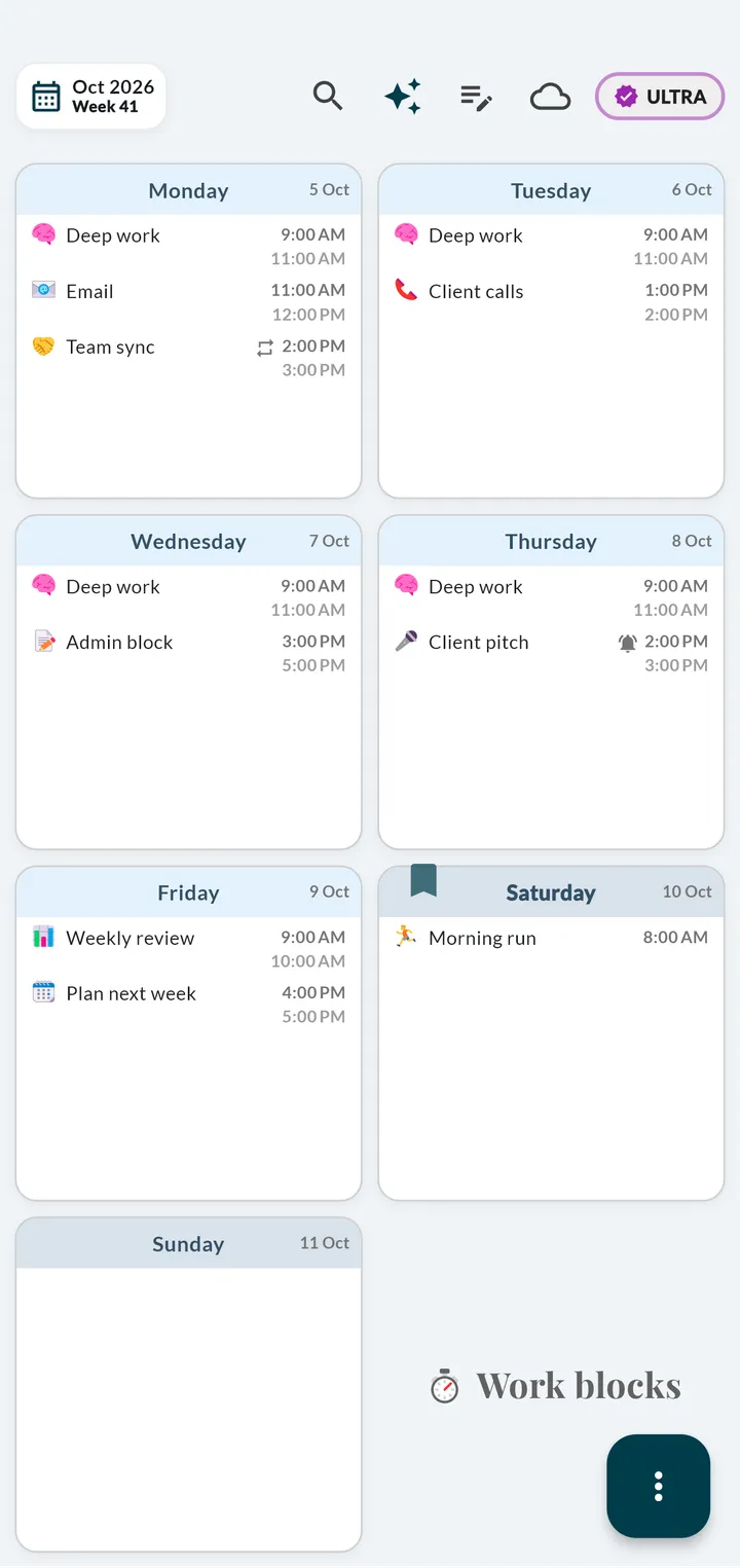 Weeklo planner app showing a work week of time blocks with start and end times: deep work 9 to 11 AM, email 11 to 12, team sync 2 to 3 PM, a Friday weekly review and a Saturday morning run