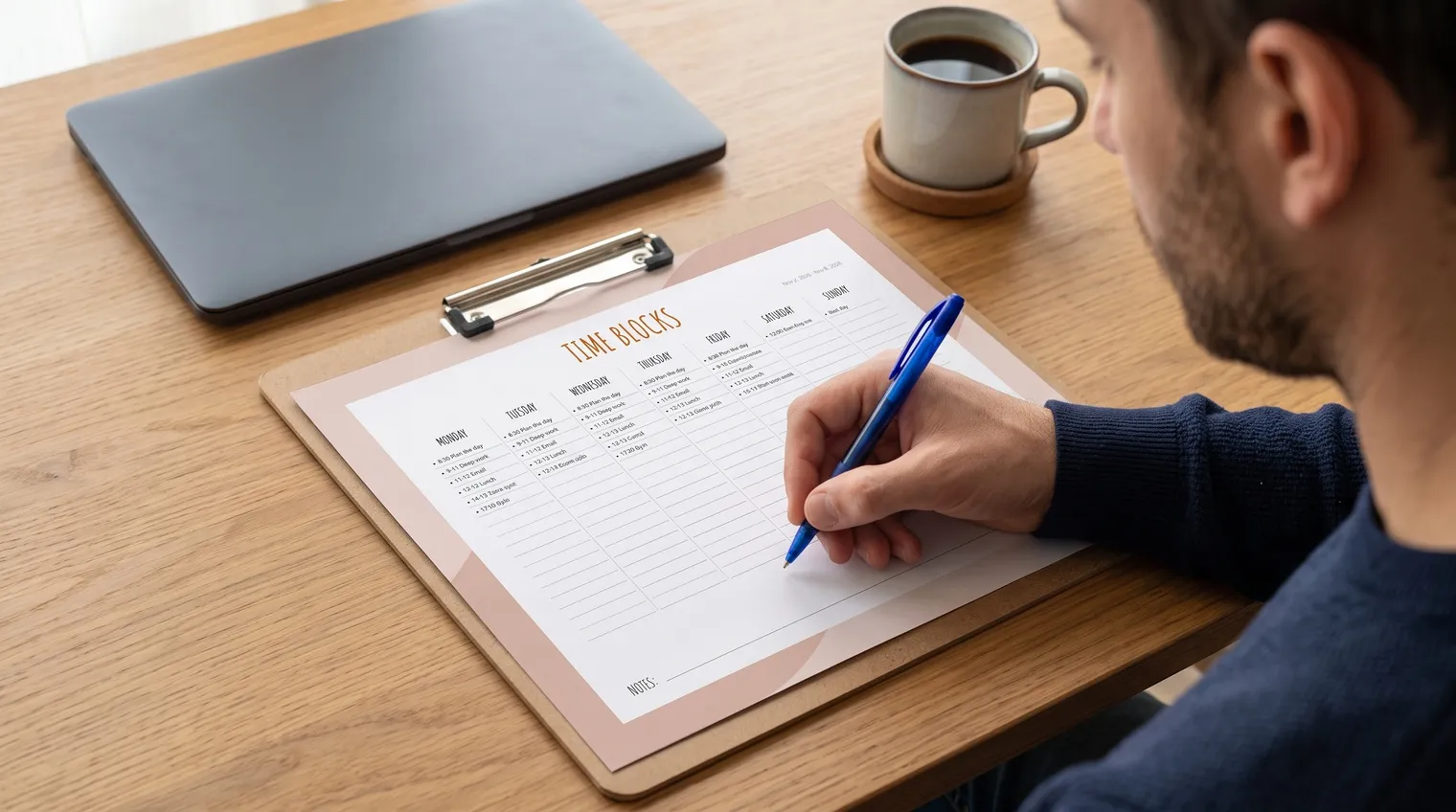 Man writing time blocks on a printed weekly time blocking template on a clipboard, with a coffee and a closed laptop on the desk