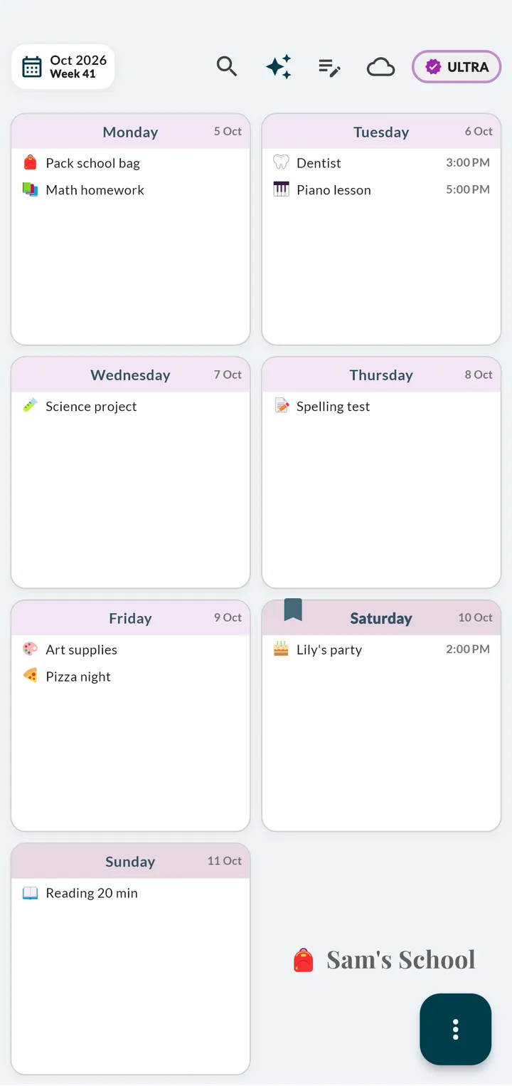 Visual school week planner for kids with emojis for packing the school bag, math homework, a dentist visit, piano lesson, a science project and a spelling test