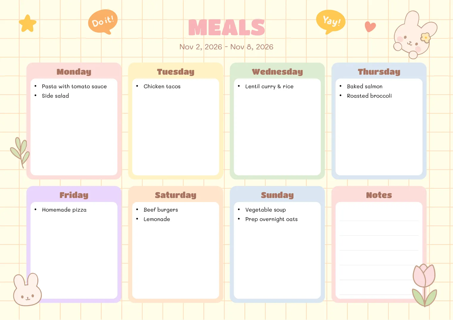 Pastel printable weekly meal planner filled with a week of dinners such as chicken tacos, lentil curry and vegetable soup