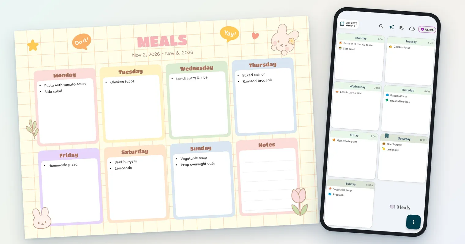 Pastel printable meal planner for the week next to a phone showing the same meals with emoji icons in a visual planner app