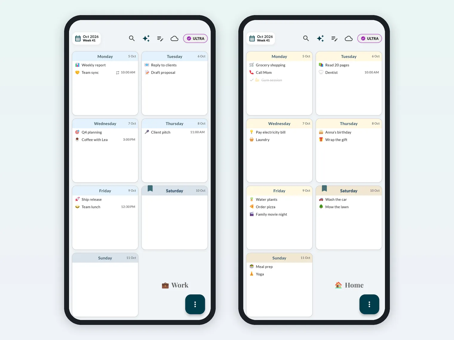 Two phones side by side showing a blue work planner and a cream home planner, each with its own week of tasks and emojis