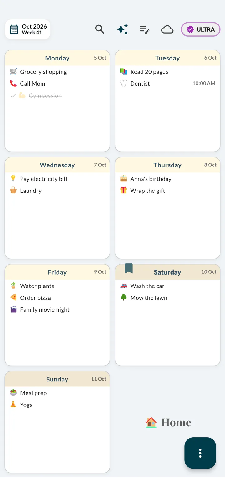 Visual weekly planner app with an emoji next to every task, from grocery shopping and gym on Monday to meal prep and yoga on Sunday