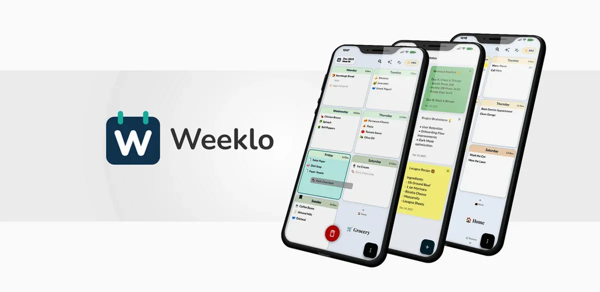 Weeklo visual weekly planner app showing a week of tasks on phone, tablet and web