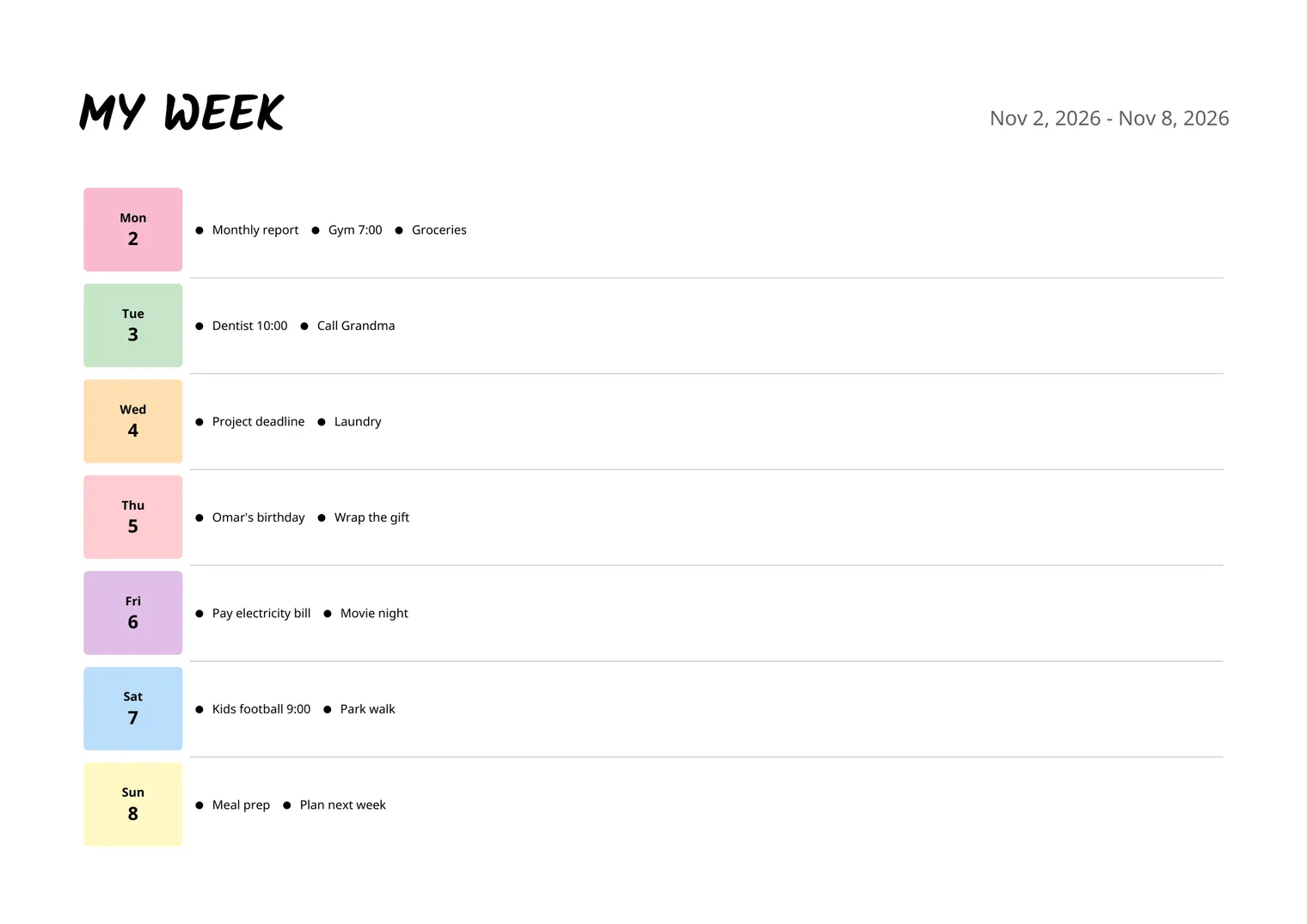Week at a glance planner filled in with a monthly report, gym, dentist appointment, project deadline, a birthday, bills and a football match spread over Monday to Sunday