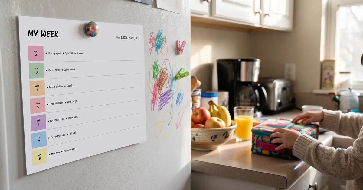 Printed week at a glance planner held by a magnet on a family kitchen fridge while a child packs a lunchbox