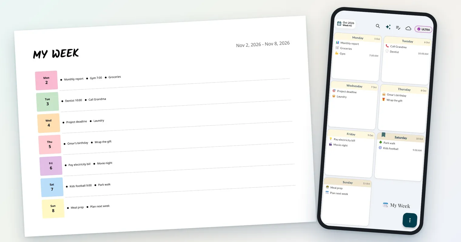 Printed week at a glance template with one coloured row per day next to a phone showing the same week in the Weeklo planner app