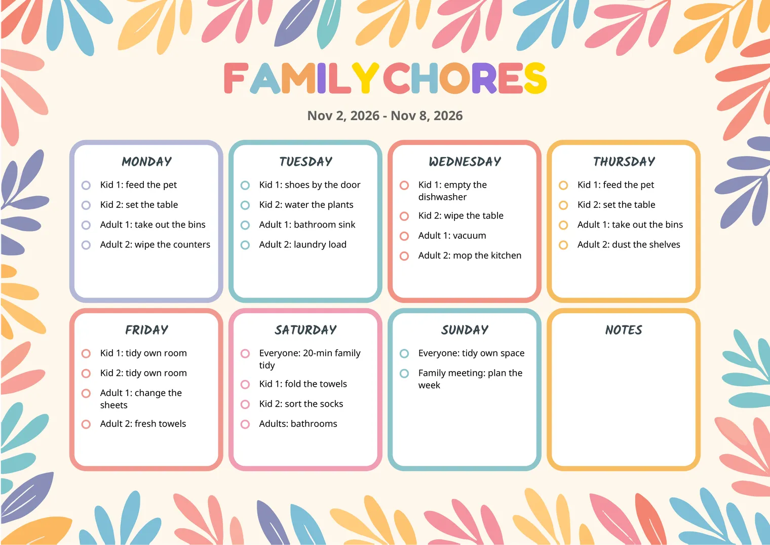 Colourful Bloom weekly family chore chart with up to four chores a day for Kid 1, Kid 2, Adult 1 and Adult 2 and a tick circle beside each