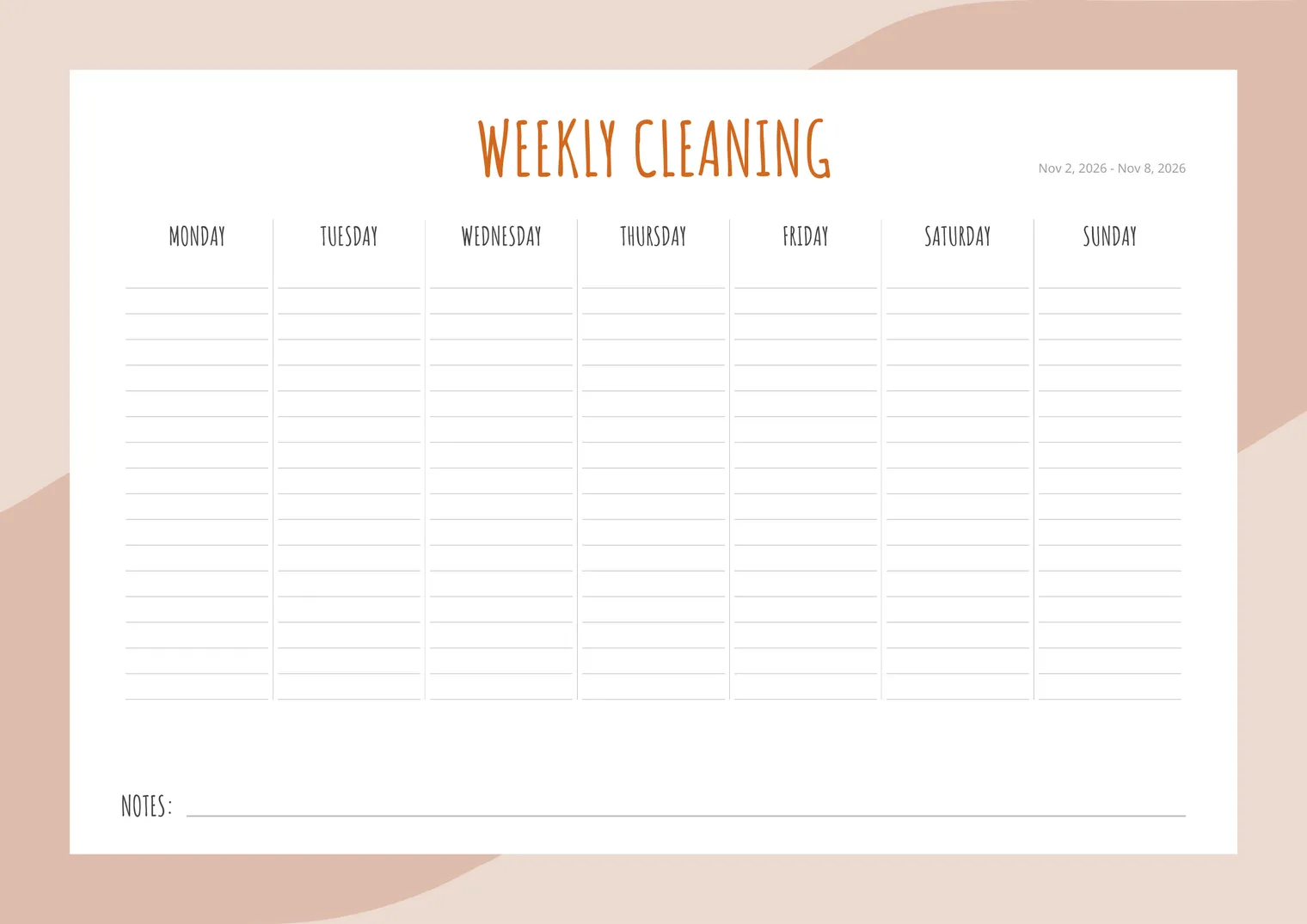 Blank weekly cleaning planner with seven empty lined day columns from Monday to Sunday and a notes line