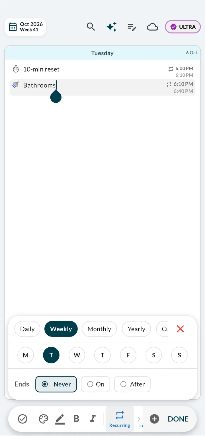 Weeklo editor with the Bathrooms task selected and the Recurring options open: Daily, Weekly with Tuesday highlighted, Monthly, Yearly and Custom, and an Ends option