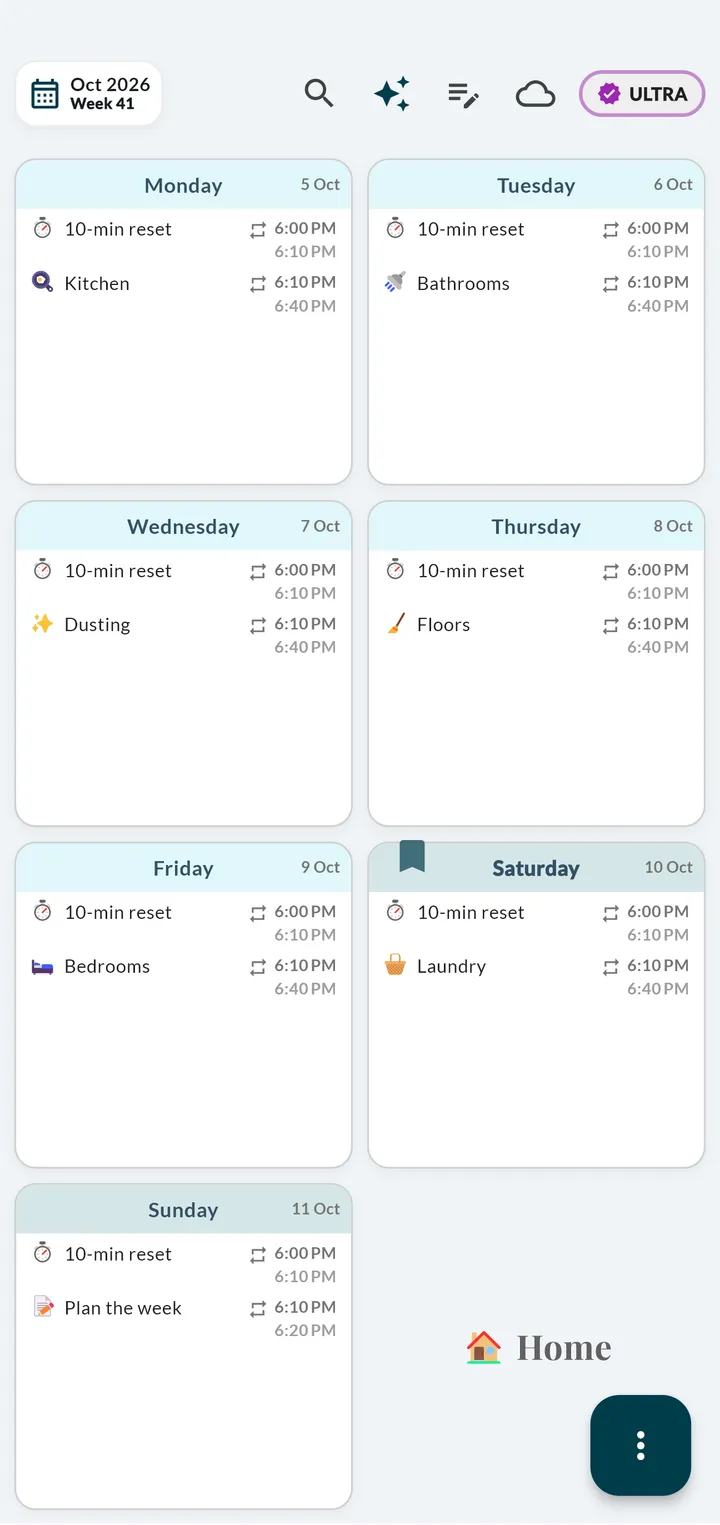 Weeklo week view of a Home planner with a 10-minute reset from 6:00 to 6:10 PM every day and one cleaning zone a day from Monday to Saturday: kitchen, bathrooms, dusting, floors, bedrooms and laundry