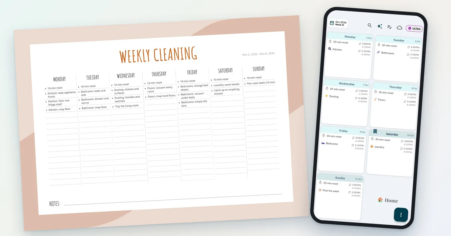 Printed weekly cleaning schedule with a column of tasks for each day next to a phone showing the same plan as repeating tasks in a planner app