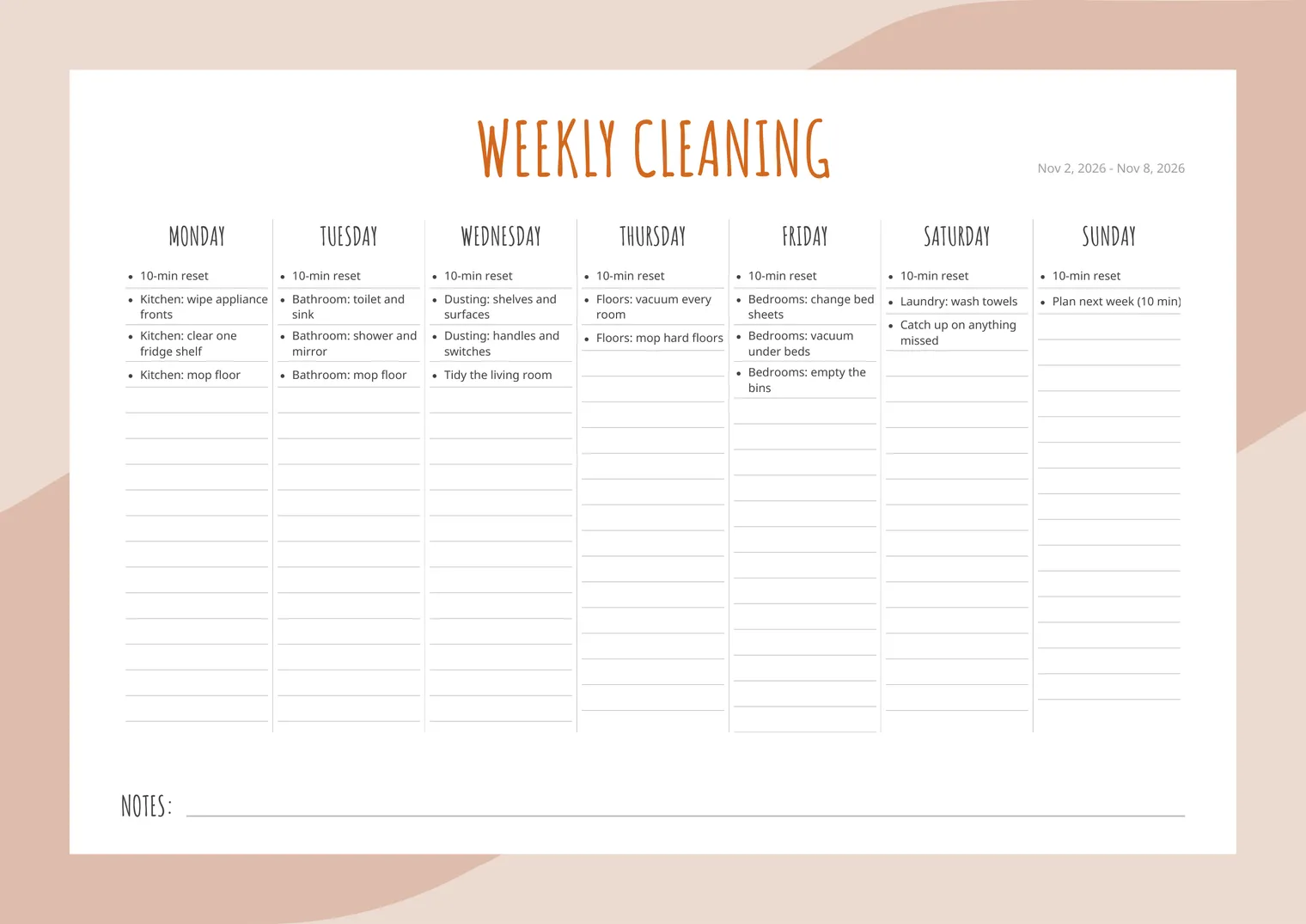 Printable weekly cleaning schedule with a lined column for each day: kitchen on Monday, bathrooms on Tuesday, dusting, floors, bedrooms and laundry